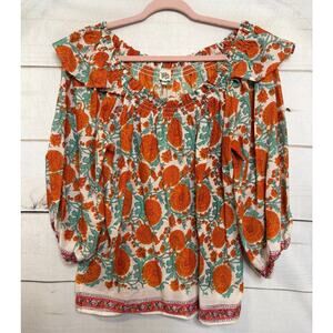 Ivy Jane Off the Shoulder Top S/M Green White Orange Bohoemian Rouched